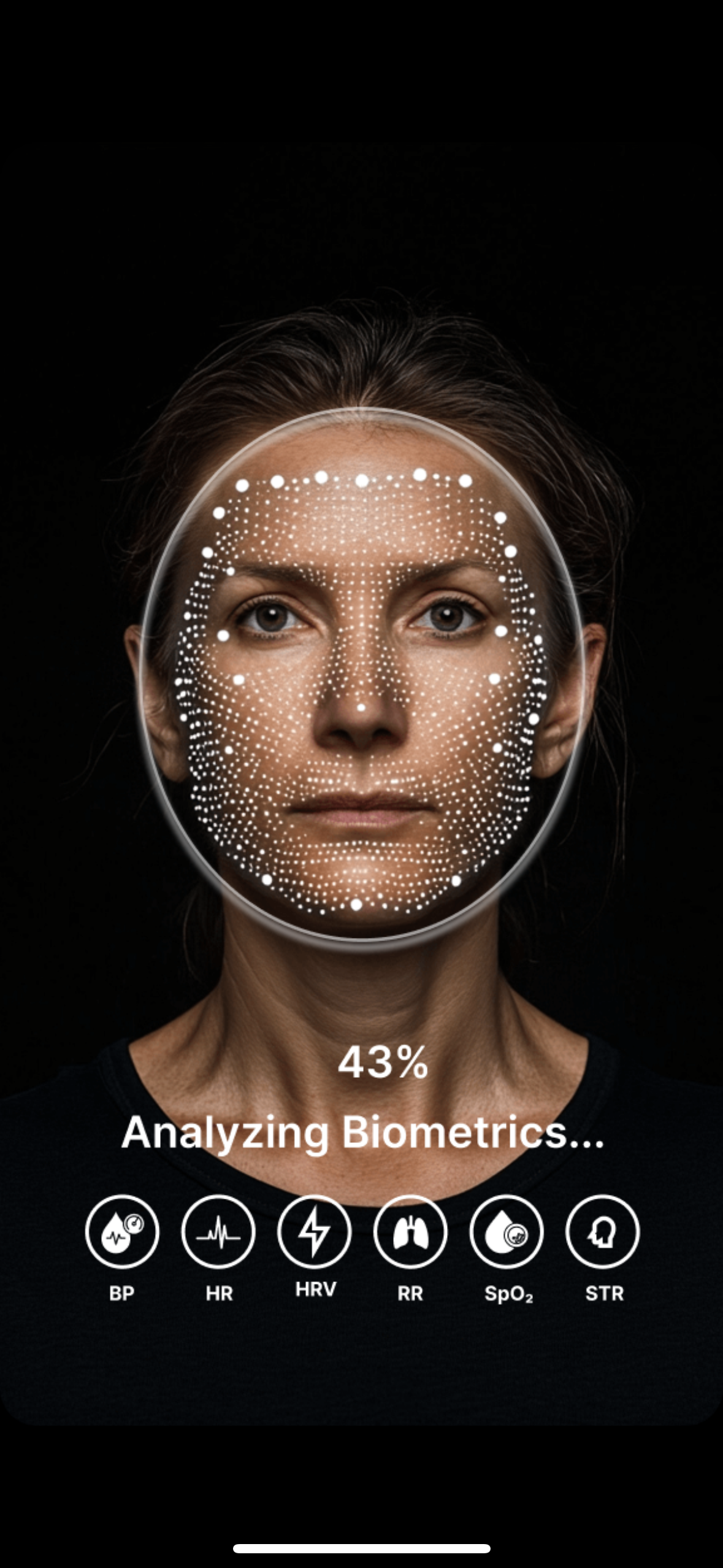 AI-powered biometric face scanning showing real-time health vitals analysis including heart rate, blood pressure, HRV, respiration, oxygen saturation, and stress index