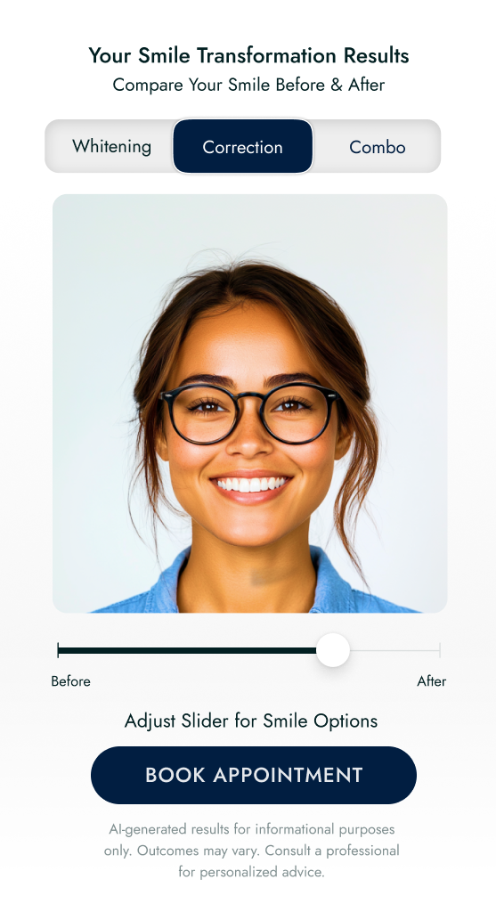Smile transformation interface with a photo of a smiling woman wearing glasses, showing options for whitening, correction, and combo treatments